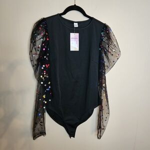 Wdirara Sheer Black Rainbow Puff Sleeve Large Bodysuit